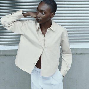 Zara NWT Satin Effect Twill Shirt 100% Cotton Long Sleeves Collared Beige Sz M